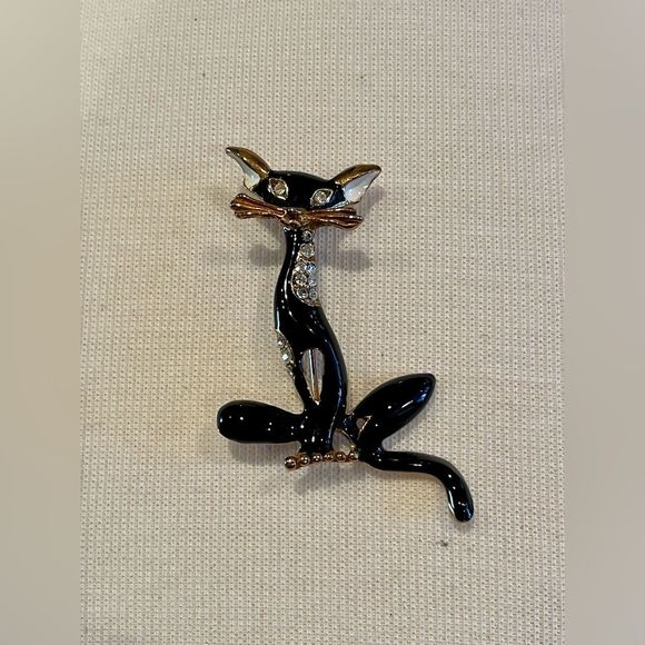 Vintage 60s Black Acrylic and Rhinestone Alley Cat - Picture 1 of 5